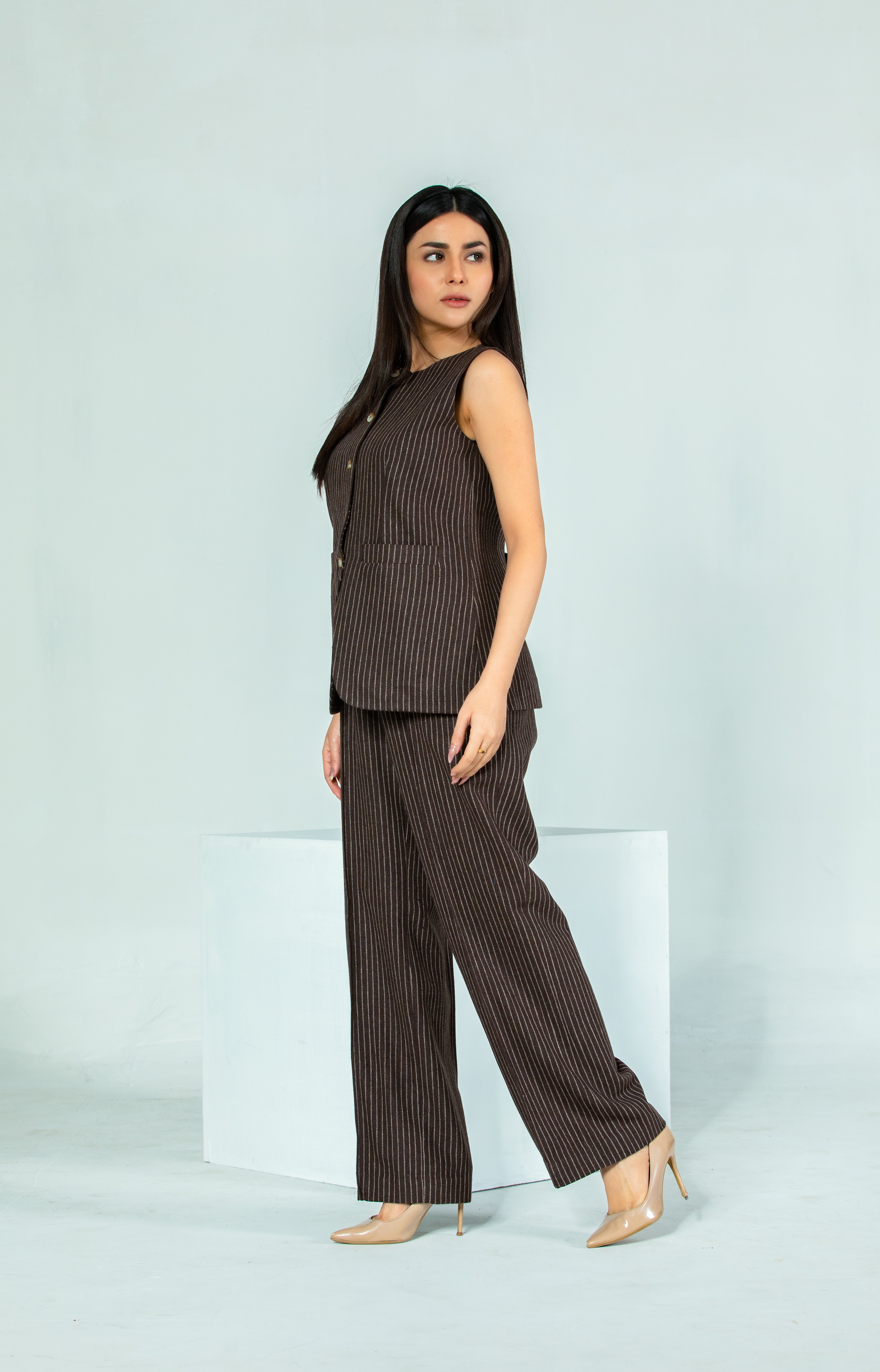 Striped Waistcoat & Wide-Leg Trousers Co-ord Set