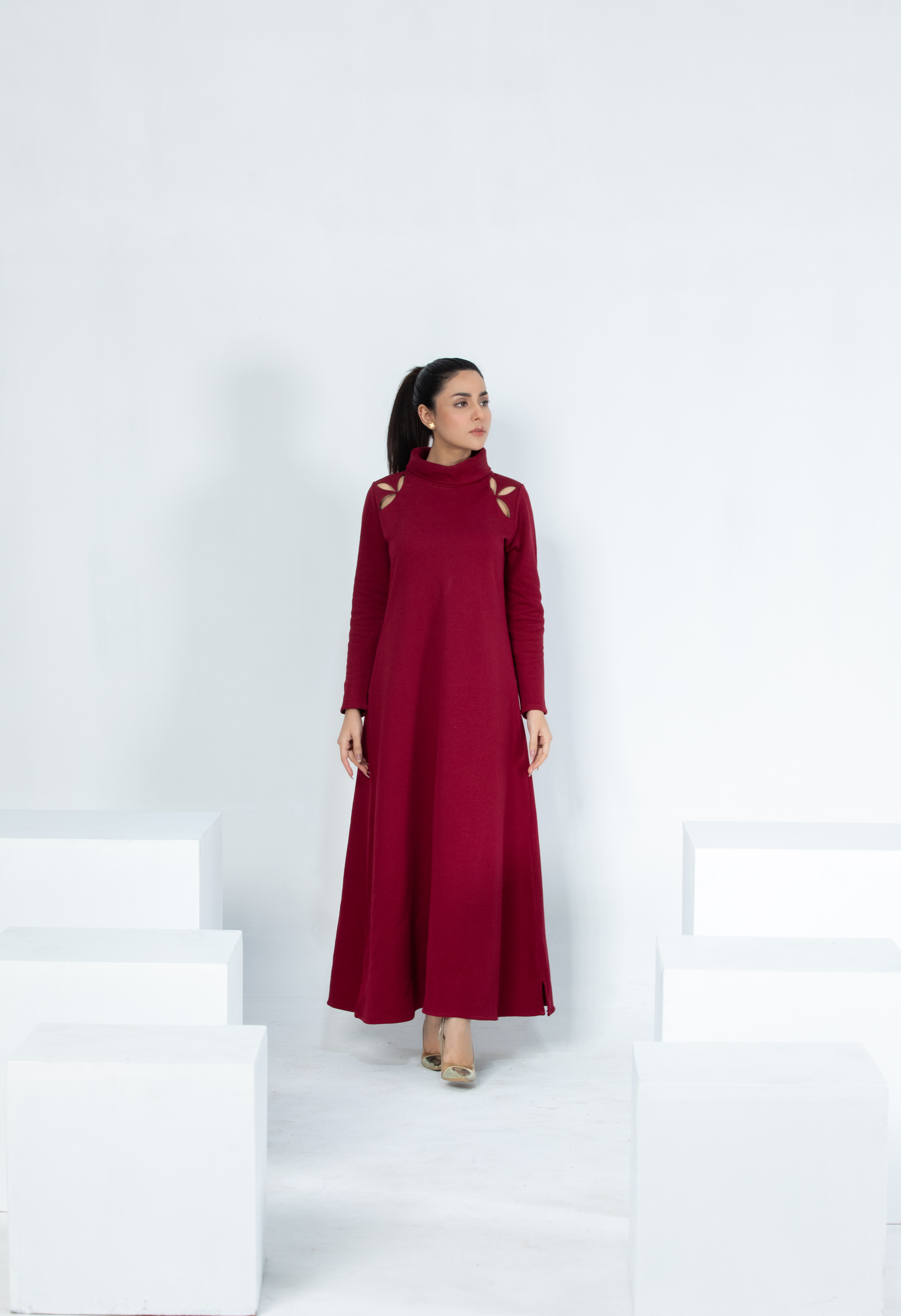 Red Terry Full-Sleeve Turtle Neck Long Skirt