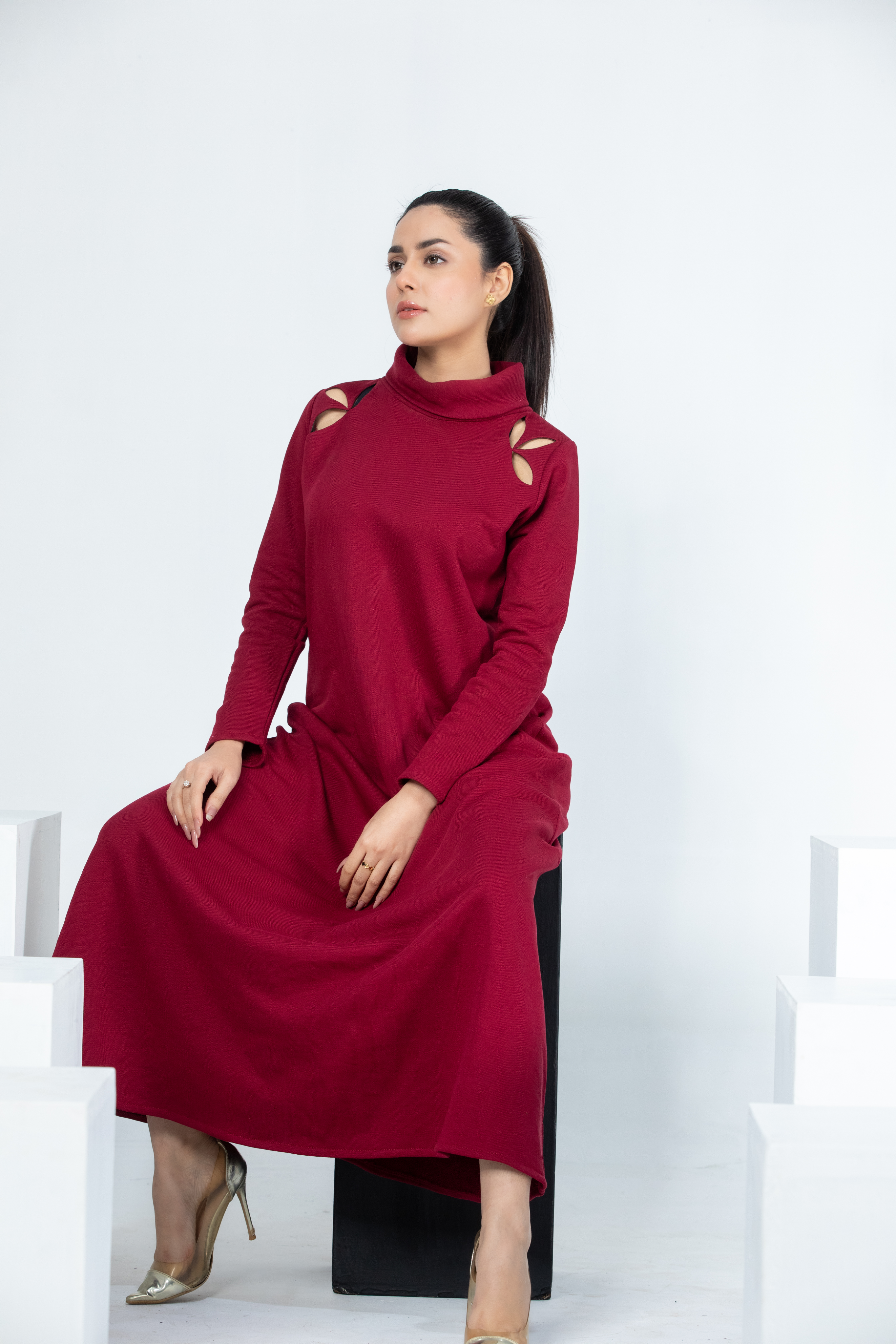 Red Terry Full-Sleeve Turtle Neck Long Skirt